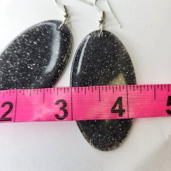 Black Glitter Earrings Oval Dangle Sparkly Earrings Light Black Earrings - Picture 4 of 7